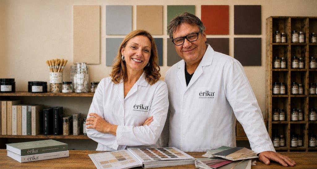 Katherine et Éric, fondateurs de la marque érika, dans leur atelier couleur