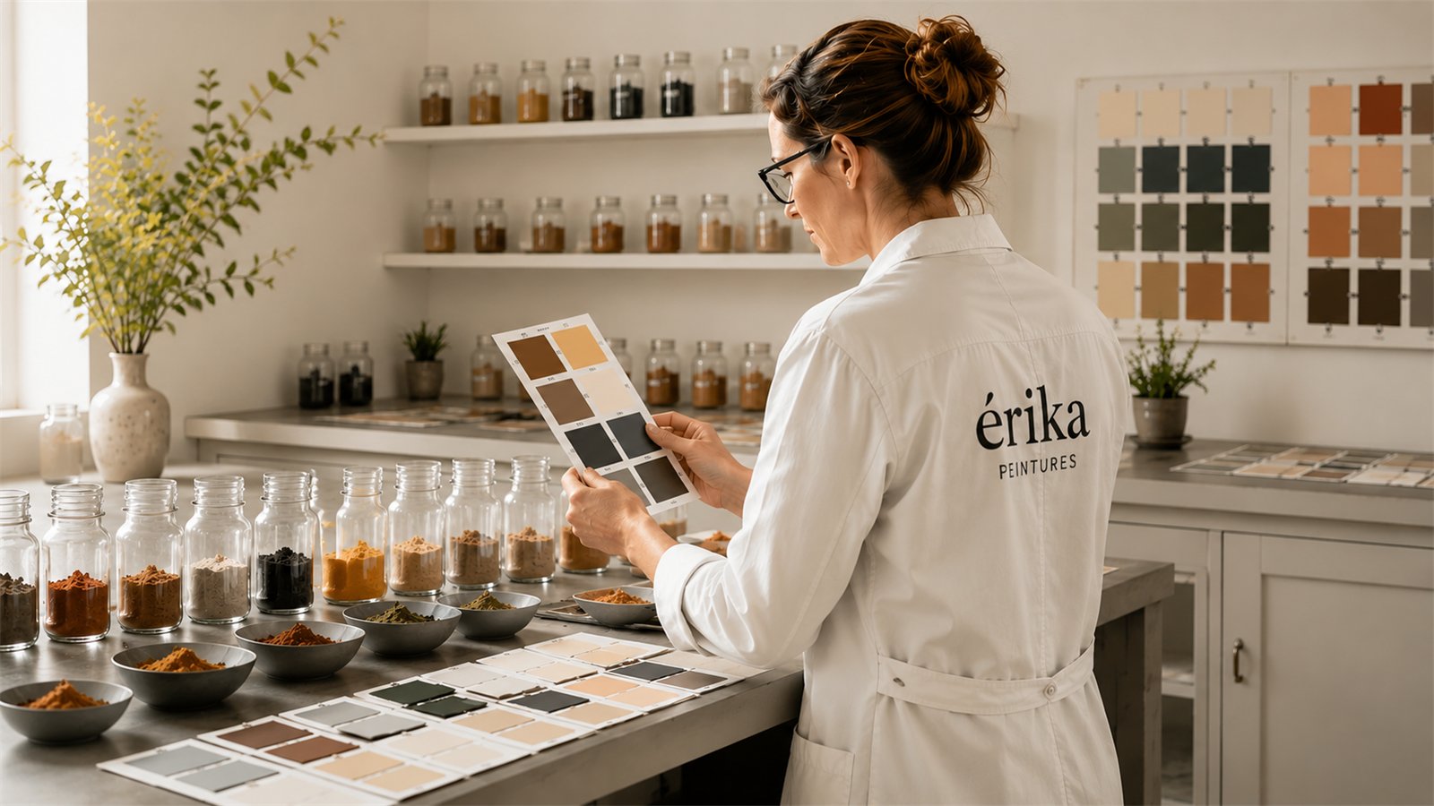 Coloriste érika comparant des échantillons de teintes au laboratoire