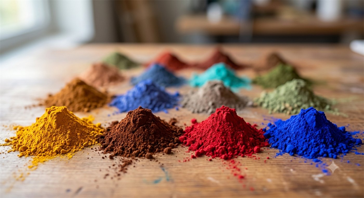 Pigments de couleur pure disposés sur un établi