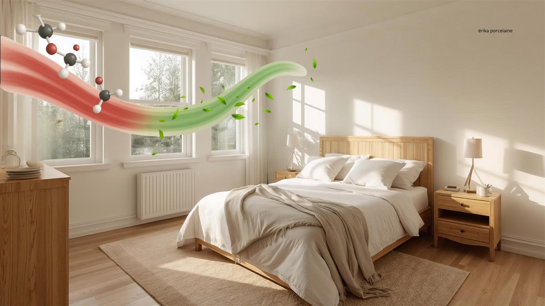Chambre lumineuse peinte en érika porcelaine, illustrant l'assainissement de l'air