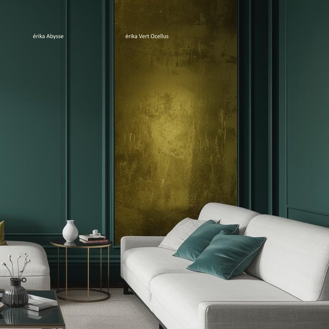 Intérieur décoré avec peinture érika Vert Ocellus Abysse — partenaire styliste couleur